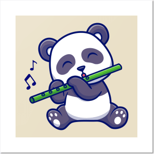 Cute Panda Playing Bamboo Flute Cartoon Posters and Art